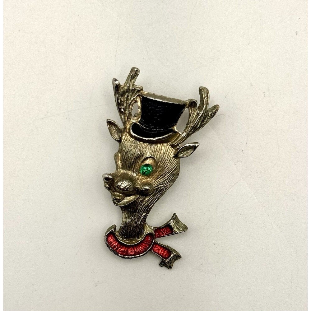 Vintage Christmas Reindeer Brooch Pin Enamel Hat Green Rhinestone Eye Metal 2"